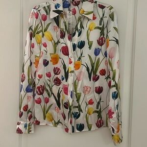 Alice + Olivia Tulips 100% Silk Button-Down Blouse Top